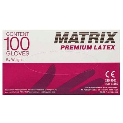Перчатки латексные М смотровые, двухкратное хлорирование, MATRIX Premium Latex 50 пар